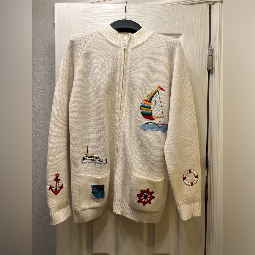 Vintage Nautical Americana Sailboat Cardigan Sweater